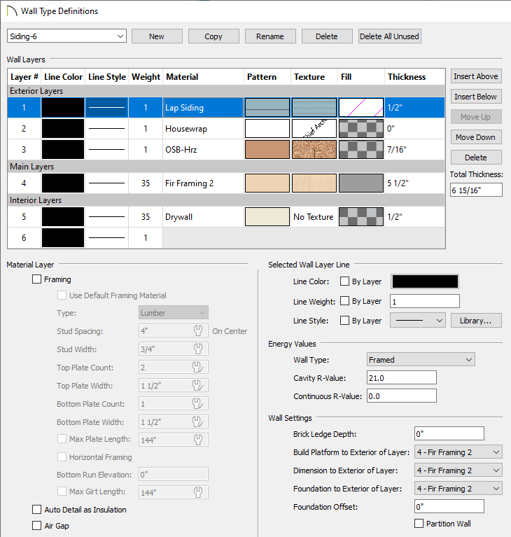 Wall Type Definitions dialog