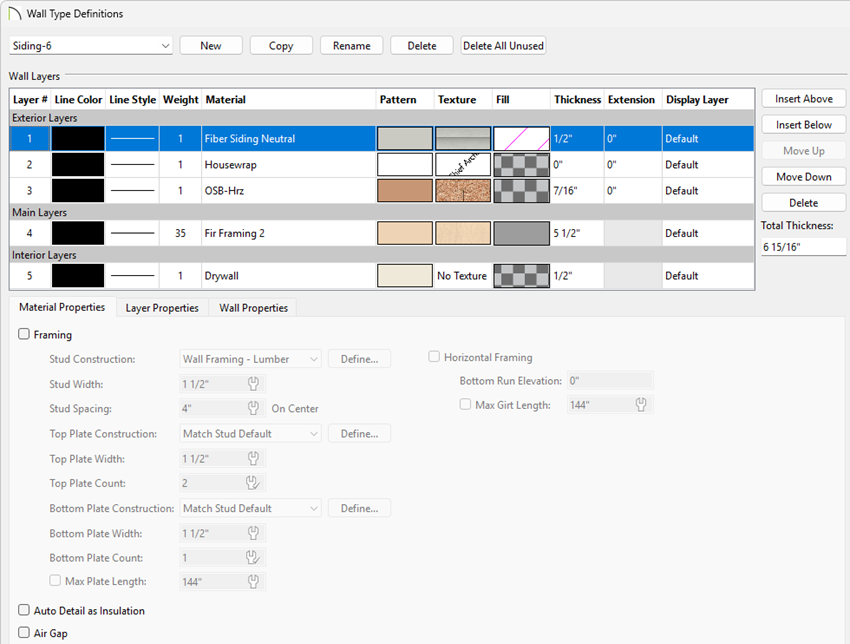 Wall Type Definitions dialog
