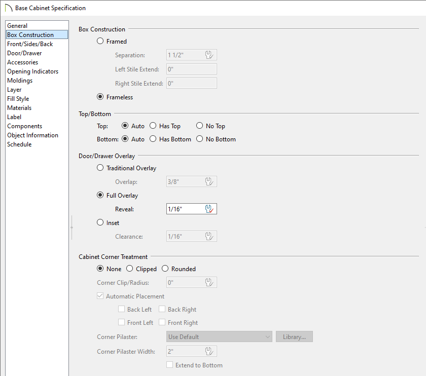 Box Construction panel in the Base Cabinet Specification