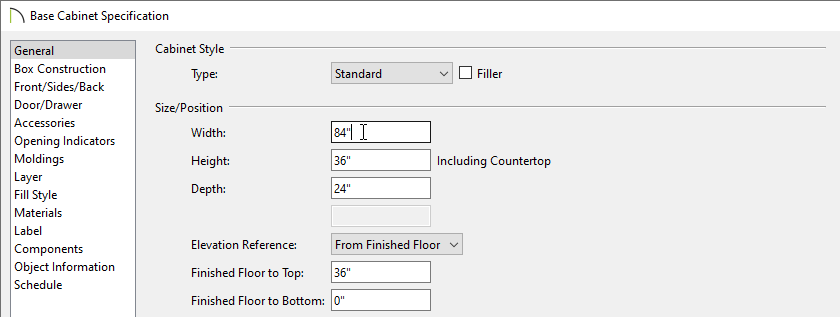 Changing the cabinet width in the Base Cabinet Specification dialog