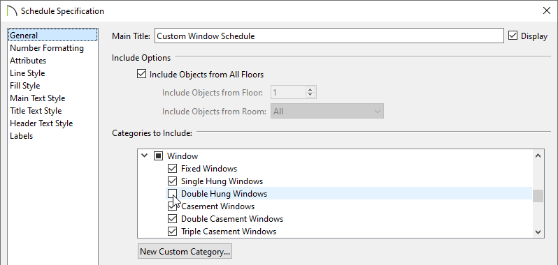 Removing Double Hung Windows from the categories to include section of the schedule