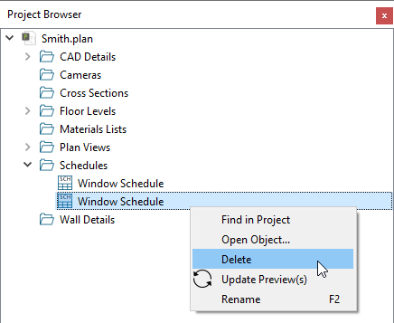 Deleting a window schedule from the Project Browser