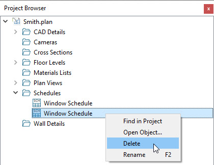 Deleting a window schedule from the Project Browser