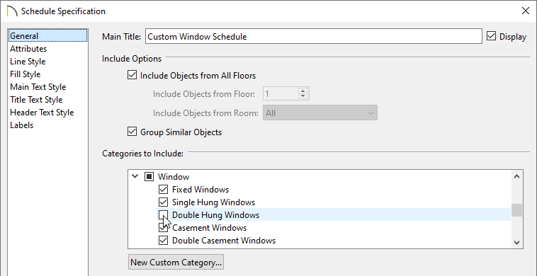 Removing Double Hung Windows from the categories to include section of the schedule
