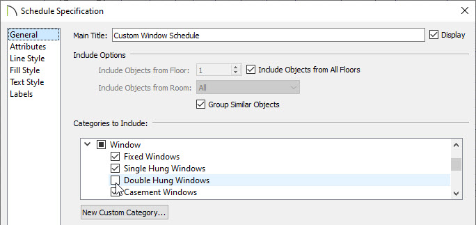 Removing Double Hung Windows from the categories to include section of the schedule