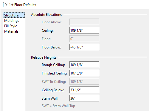 Adjust the Ceiling values on the Structure panel of the Floor Defaults dialog