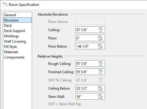 Change the ceiling height for a room on the Structure panel of the Room Specification dialog