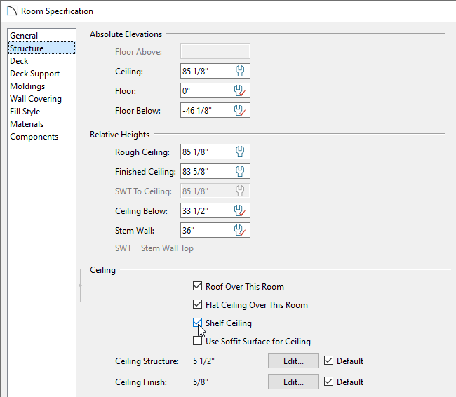 Check the Shelf Ceiling box and specify a different Ceiling height