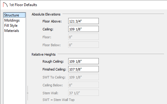 Adjust the Ceiling values on the Structure panel of the Floor Defaults dialog