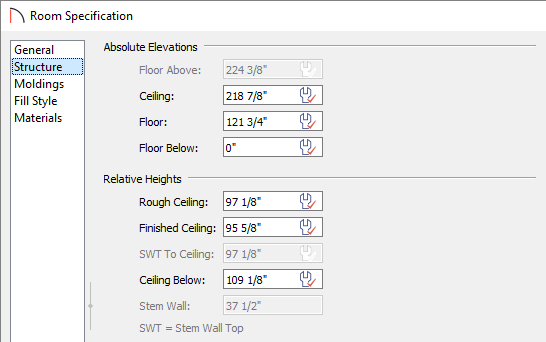 Change the ceiling height for a room on the Structure panel of the Room Specification dialog