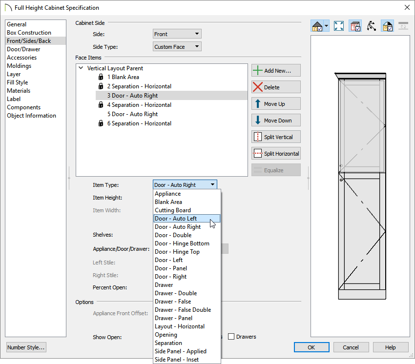 Changing the Door swing on the Front/Sides/Back panel of the Cabinet Specification dialog