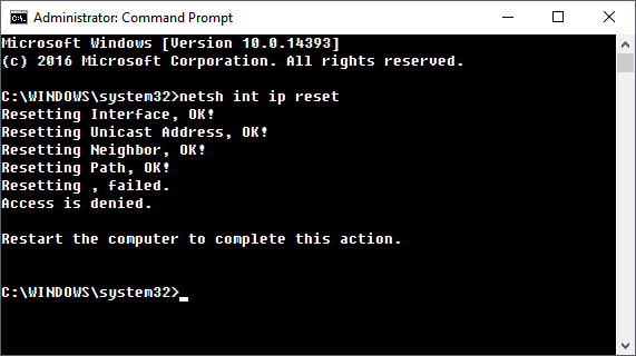 Output from the netsh int ip reset command
