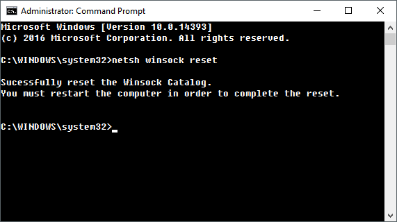 Output from the netsh winsock reset command