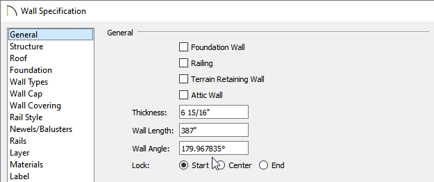 General panel of the Wall Specification dialog where the Wall Angle is located