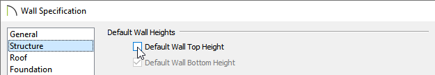 Structure panel of the Wall Specification dialog where Wall Heights can be set to default