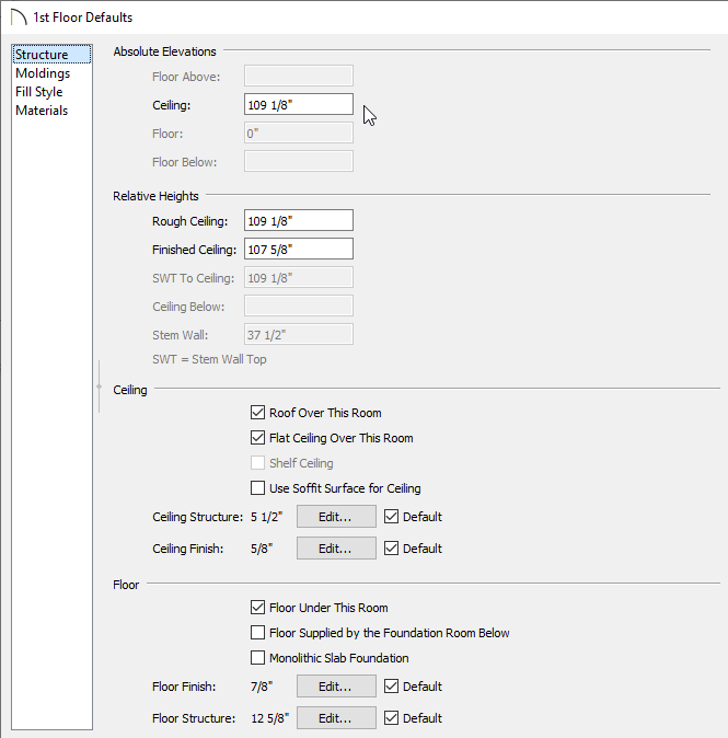 Change the ceiling height for first floor defaults as necessary.