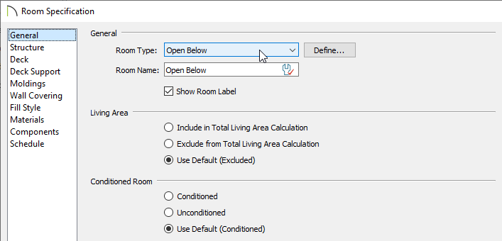 Choose the Open Below Room Type in the Room Specification dialog