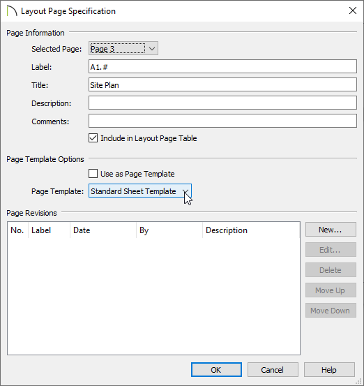 Layout View Specification dialog with the Label and Title fields specified and Standard Sheet Template set as the Page Template