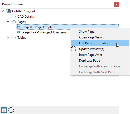 Project Browser open with a right-click menu open for Page 0 with Edit Page Information selected