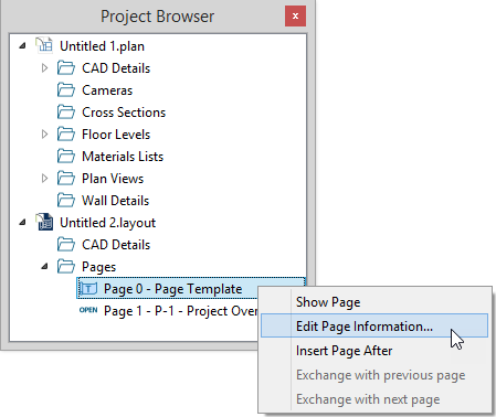Edit Page Information Project Browser open with a right-click menu open for Page 0 with Edit Page Information selected