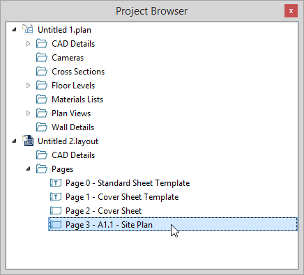 Project Browser Project Browser with Page 3 - A1.1 - Site Plan showing