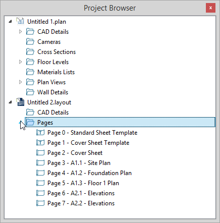 Project Browser Project Browser with Pages section open showing Page 0 through Page 7