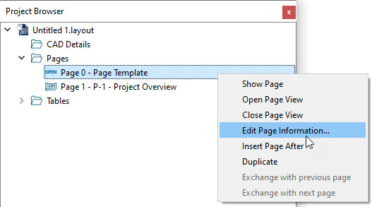 Project Browser open with a right-click menu open for Page 0 with Edit Page Information selected