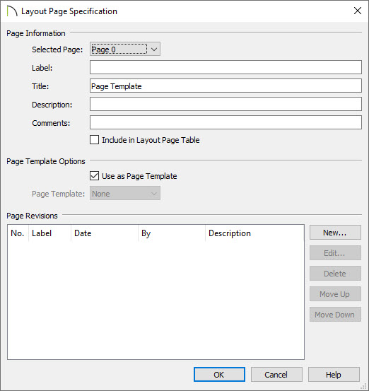 Layout View Specification with new Title and Use as Page Template option checked