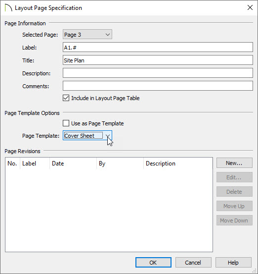 Layout Page Specification Layout View Specification dialog with the Label and Title fields specified and Standard Sheet Template set as the Page Template