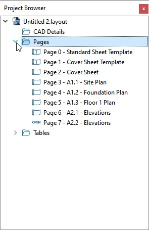 Project Browser Project Browser with Pages section open showing Page 0 through Page 7