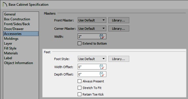 Feet section highlighted on the Accessories panel of a Base Cabinet Specification dialog