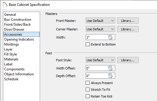 Feet section highlighted on the Accessories panel of a Base Cabinet Specification dialog