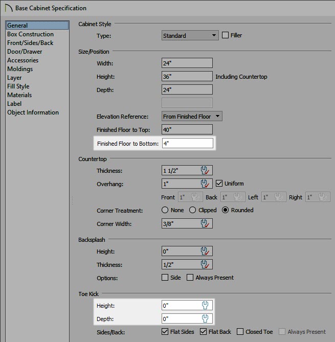 Adjusting the Finished Floor to Bottom and Toekick properties on the General panel of a Base Cabinet Specification dialog