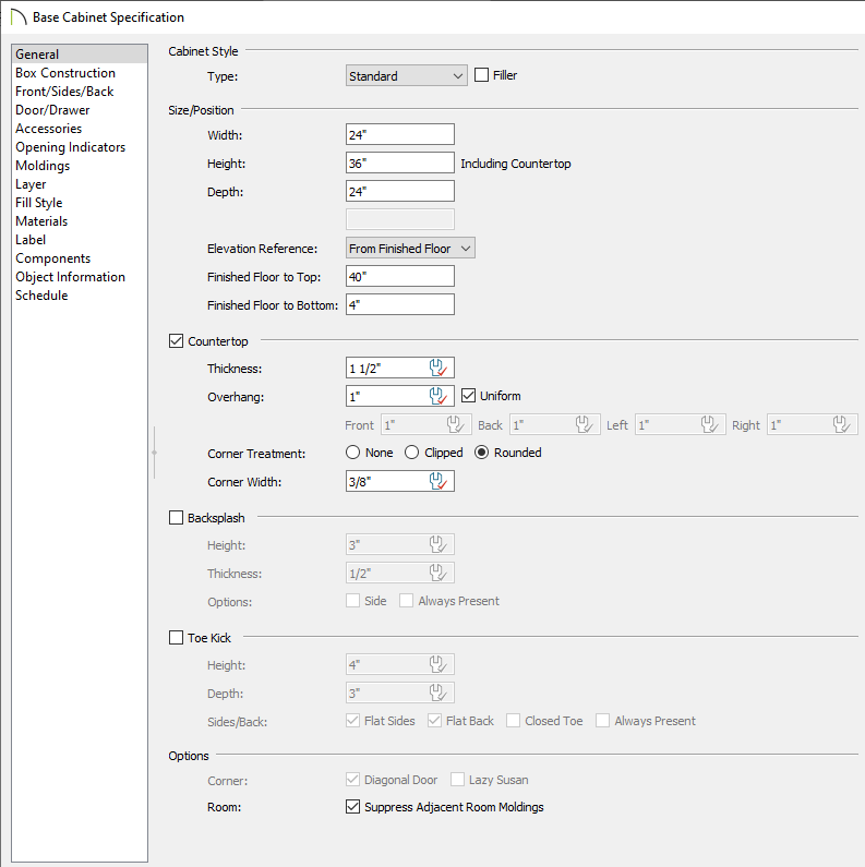 Adjusting the Finished Floor to Bottom and Toekick properties on the General panel of a Base Cabinet Specification dialog