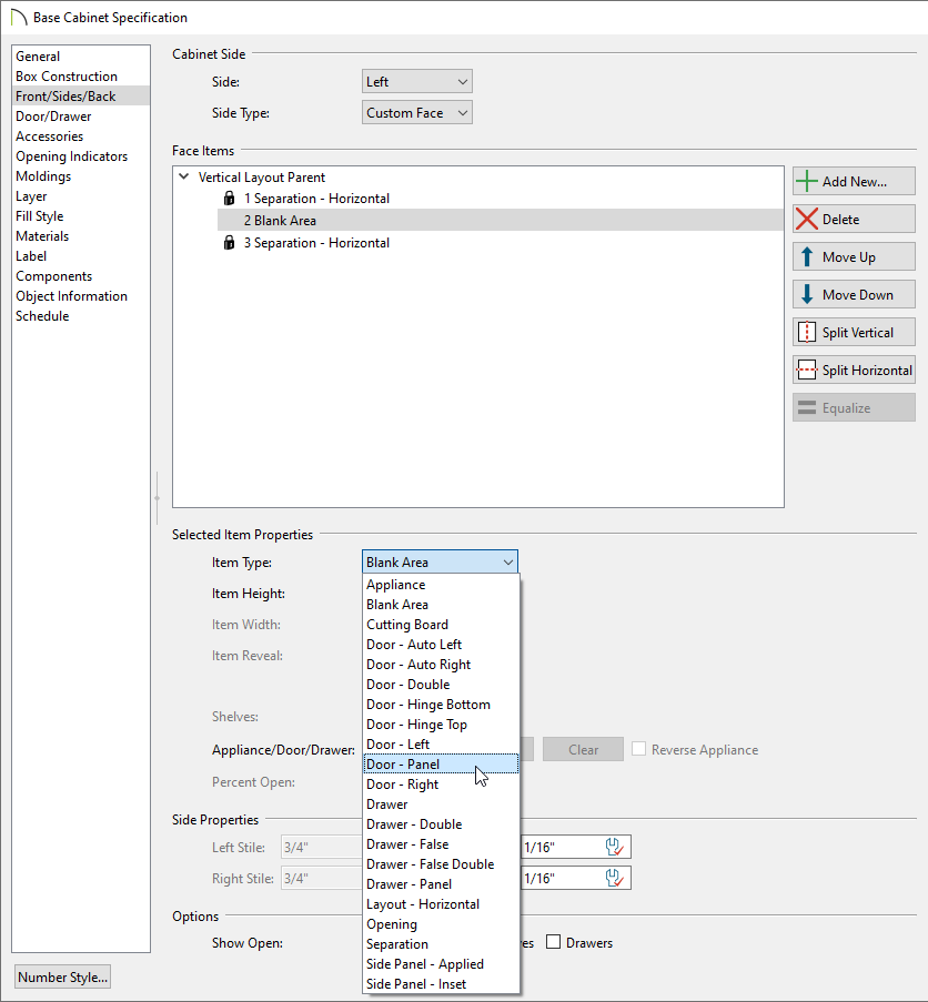 Select the Blank Area Face Item and change it to a Door - Panel