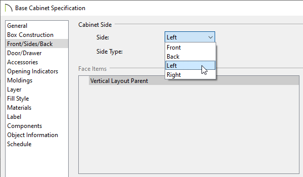 Selecting the Left side of a Base Cabinet to modify