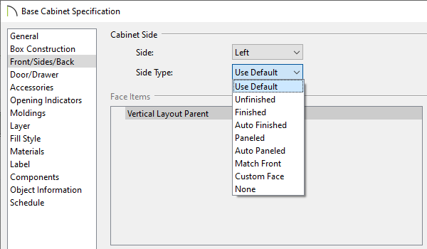 Select the Side Type using the Side Type drop-down menu on the Front/Sides/Back panel