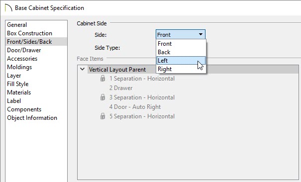 Selecting the Left side of a Base Cabinet to modify