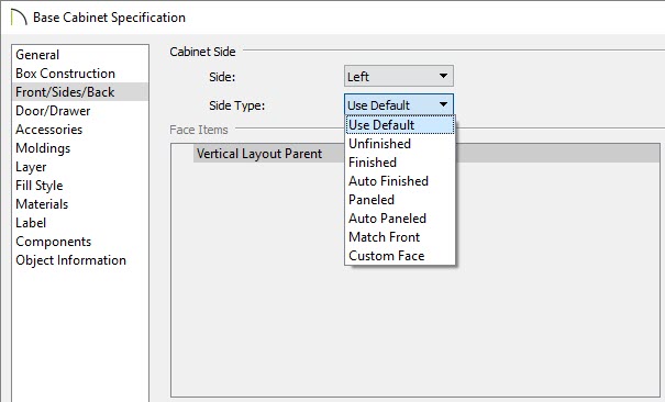 Select the Side Type using the Side Type drop-down menu on the Front/Sides/Back panel