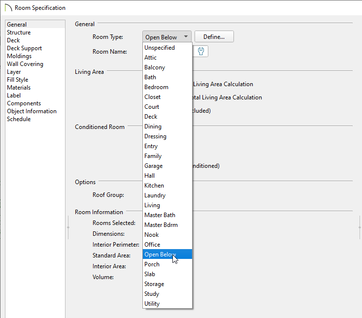 General panel of the Room Specification dialog