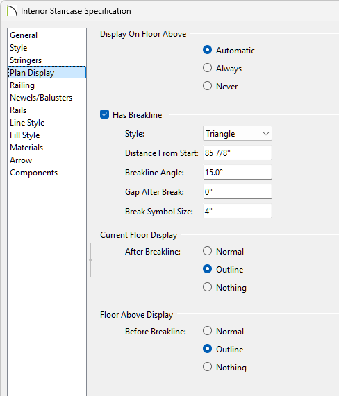 On the Plan Display panel of the Staircase Specification you can change how the breakline is displayed. 