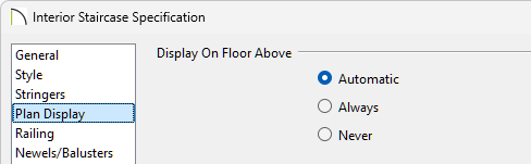 On the Plan Display panel of the Staircase Specification you can change how the stair is displayed on the floor above.