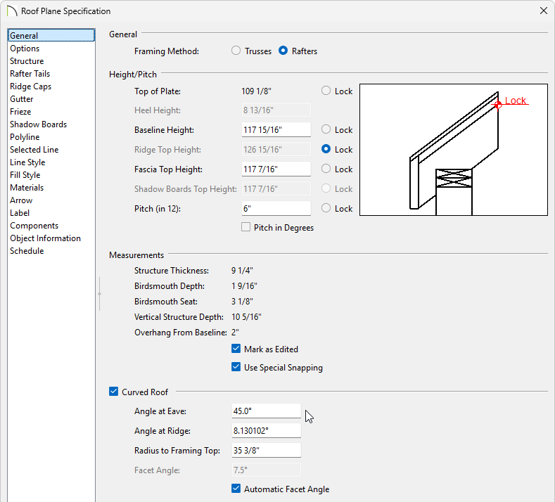 Roof Plane Specification where curved roofs can be enabled