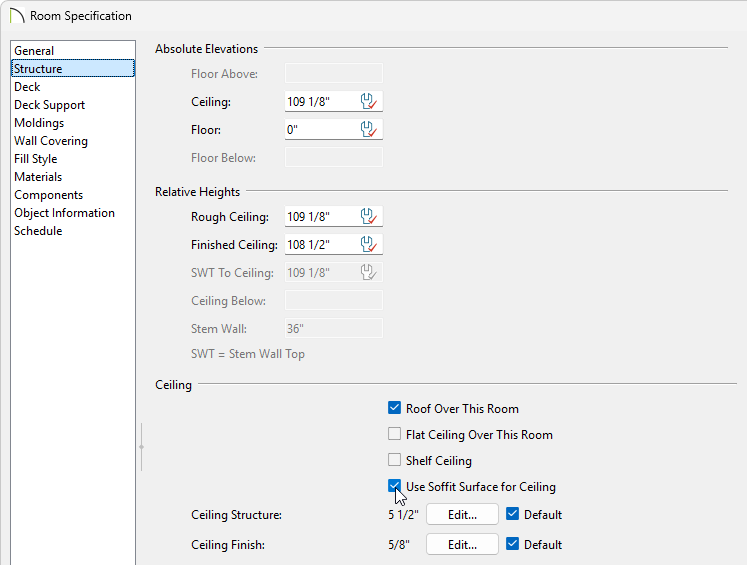 Structure panel of the Room Specification dialog