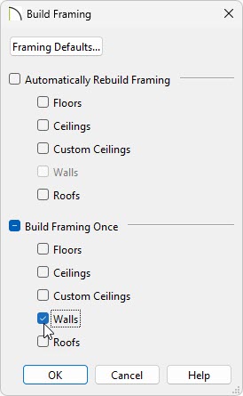 In the Build Framing dialog check the box for walls to create your wall framing.