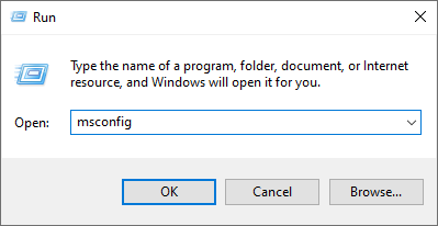 Type msconfig in the Run dialog, then click OK
