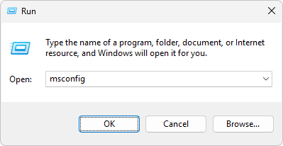 Type msconfig in the Run dialog, then click OK
