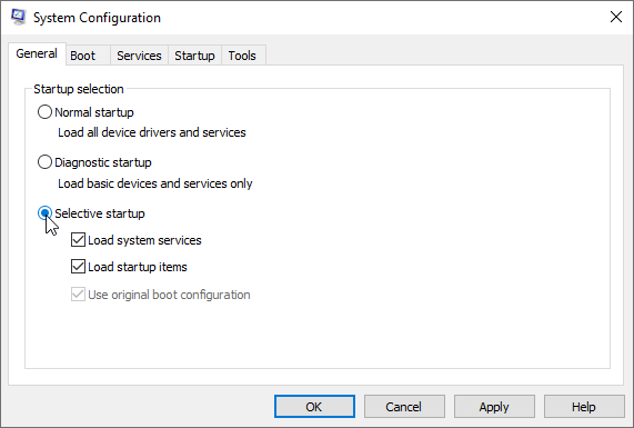Selective startup option selected