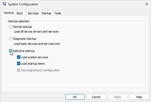 Selective startup option selected