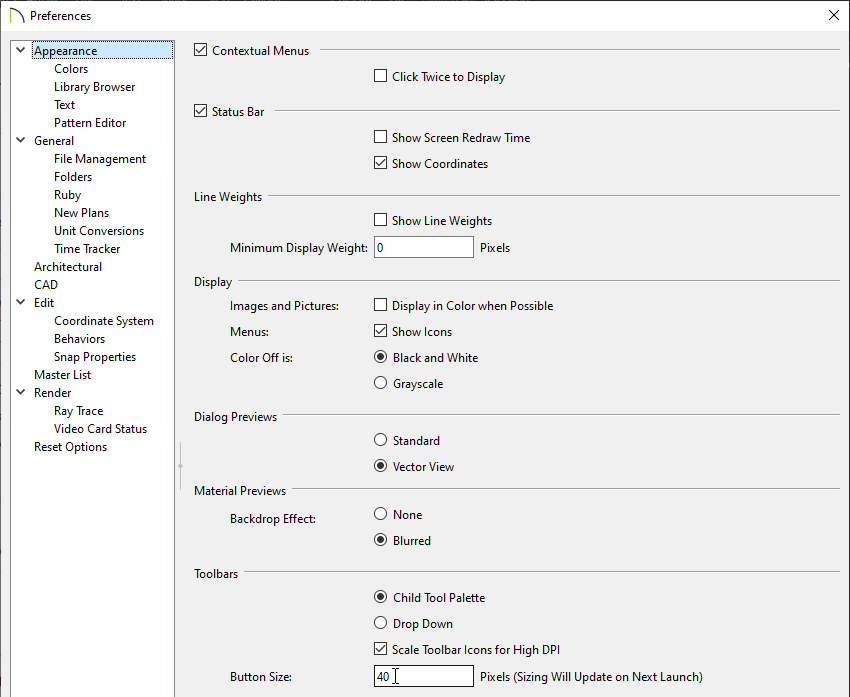 Appearance panel of the Preferences dialog